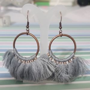 Gold Dangle Hoop Earrings Bohemian Grey Tassel Fringe